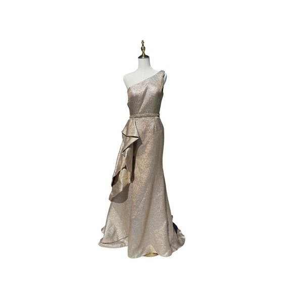 Mac Duggal 66975 One Shoulder Ruffle Evening Gown Metallic Dress Size 4 NWT - Picture 1 of 12